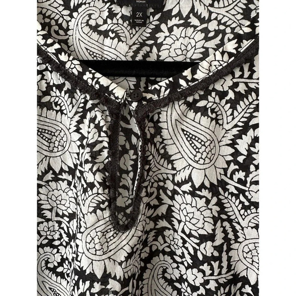 Talbots 2X Paisley Popover Blouse Top Black White Long Sleeve Embroidered Office - Picture 3 of 9